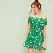 Romwe Floral Print Ruffle Trim Off Shoulder Dress