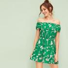 Romwe Floral Print Ruffle Trim Off Shoulder Dress