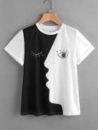 Romwe Abstract Face Print Roll Sleeve T-shirt