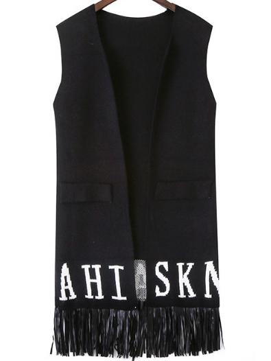 Romwe Letter Print Tassel Pockets Black Vest