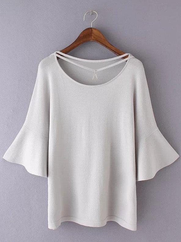 Romwe Grey Bell Sleeve Triangle Necklace Knit Blouse