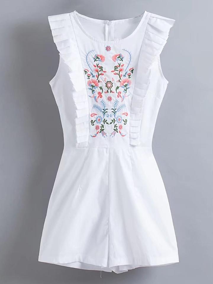 Romwe Flower Embroidery Frill Trim Playsuit