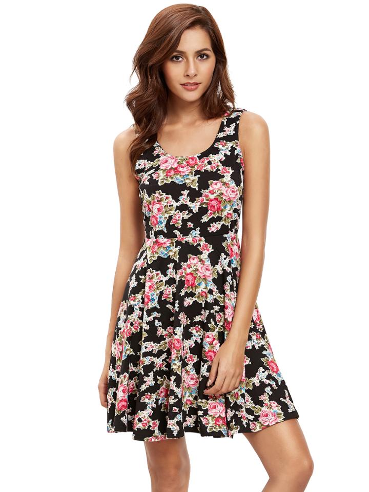 Romwe Black Pink Sleeveless Skater Dress