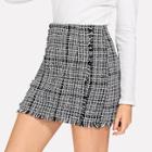 Romwe Frayed Trim Plaid Tweed Skirt