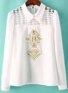 Romwe Lapel Embroidered With Zipper Sheer Mesh White Blouse