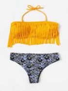 Romwe Graphic Print Mix & Match Fringe Bikini Set