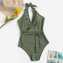 Romwe Plus Ruffle Belted Halter One Piece Swimsuit