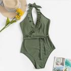 Romwe Plus Ruffle Belted Halter One Piece Swimsuit