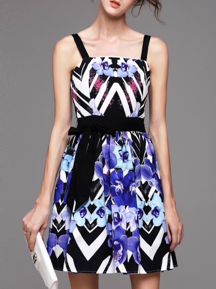 Romwe Blue Spaghetti Strap Print Tie-waist Dress