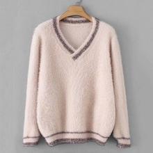 Romwe V-neck Contrast Trim Fuzzy Jumper