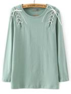 Romwe Green Round Neck Bandage Loose T-shirt