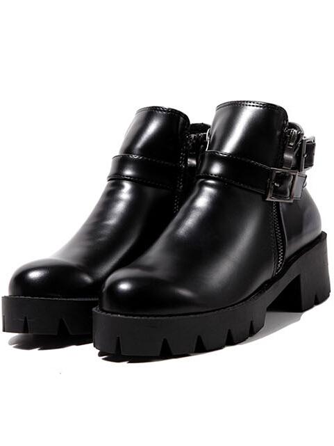 Romwe Black Round Toe Buckle Strap Zipper Boots