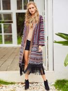 Romwe Fringe Trim Tribal Knit Longline Sweater