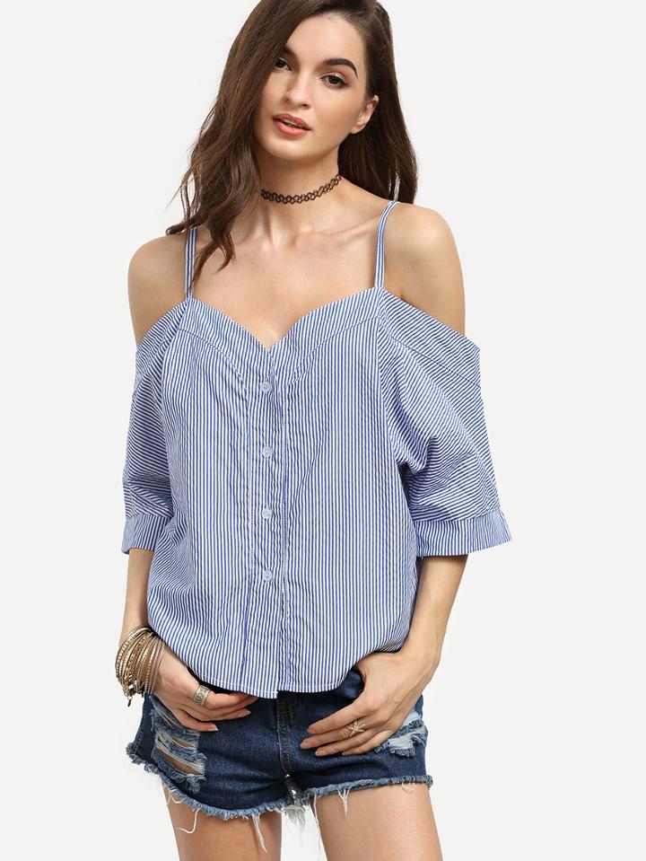 Romwe Blue Vertical Striped Cold Shoulder Top