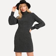 Romwe Bishop Sleeve High Neck Sweater Dress