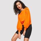 Romwe Neon Orange Button Detail Lantern Sleeve Pullover