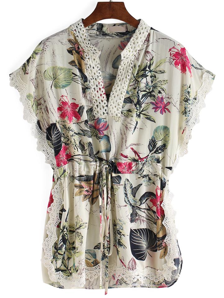 Romwe V Neck Florals Drawstring Shirt
