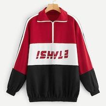 Romwe Zip Half Placket Colorblock Letter Sweatshirt