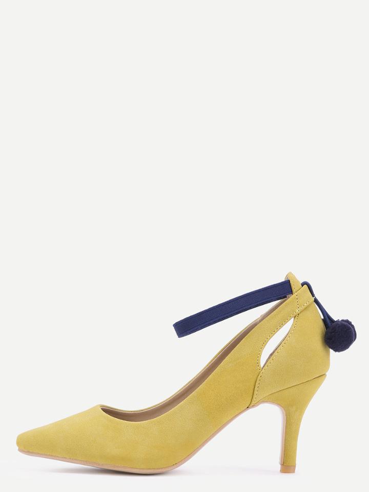 Romwe Ginger Nubuck Leather Point Toe  Ankle Strap  Pom Pom Heels
