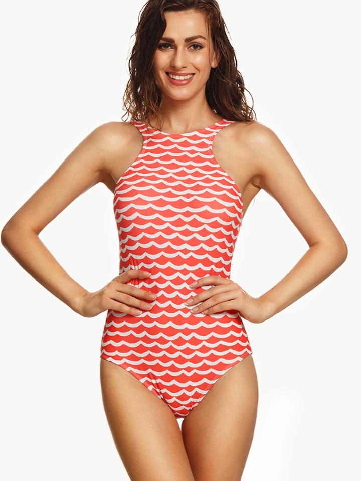 Romwe Orange Wave Print Racer Front One Piece Swimwear