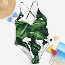 Romwe Plus Random Palm Print Criss Cross One Piece Swim
