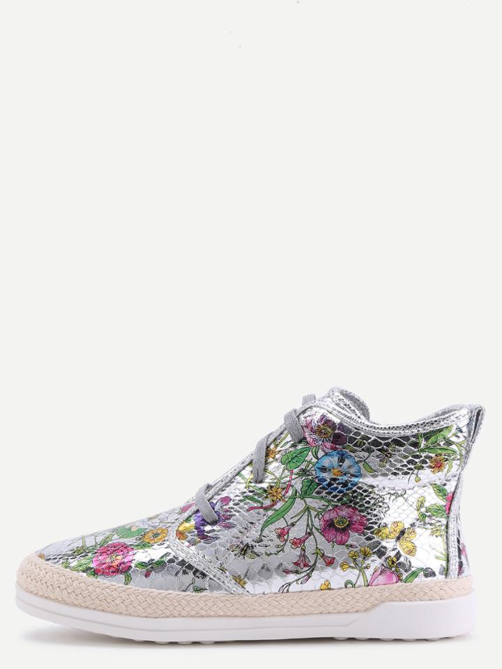 Romwe Silver Floral Pu Snakeskin Espadrille Sneakers