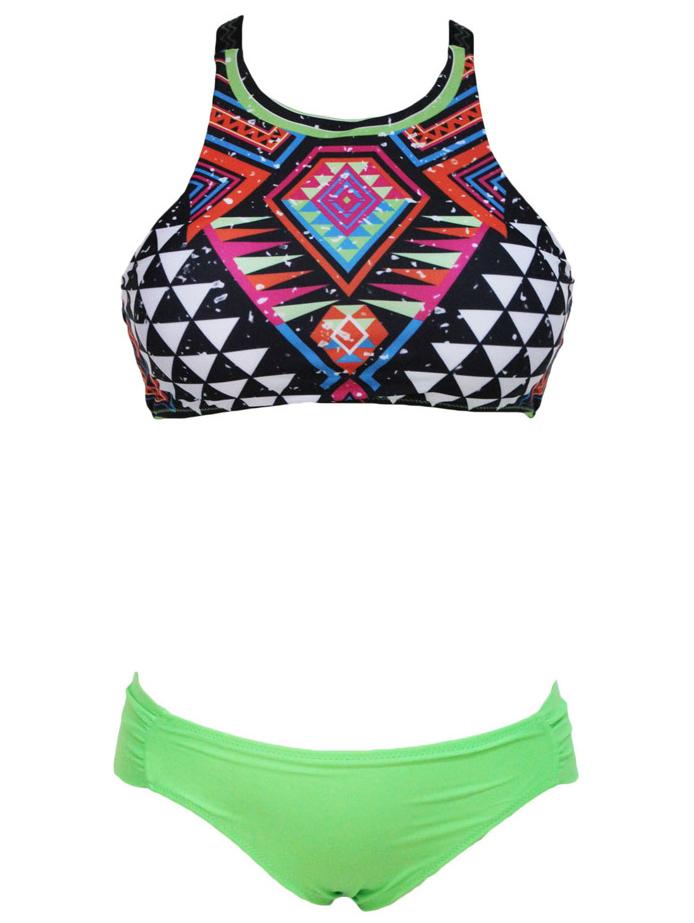 Romwe Crisscross-back Geometric Print Swimwear Set