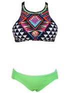 Romwe Crisscross-back Geometric Print Swimwear Set