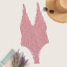 Romwe Open Back Striped One Piece Swimsuit