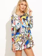 Romwe Multicolor Graffiti Print Open Back T-shirt