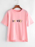 Romwe Pink Letter Embroidered Slit Side High Low T-shirt