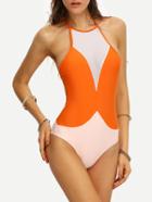 Romwe Mesh Insert Two-tone One-piece Swimwear