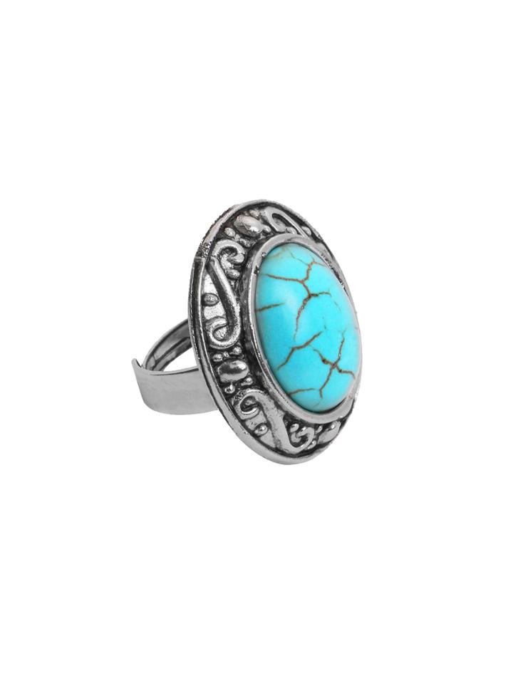 Romwe Antique Silver Turquoise Embellished Vintage Ring