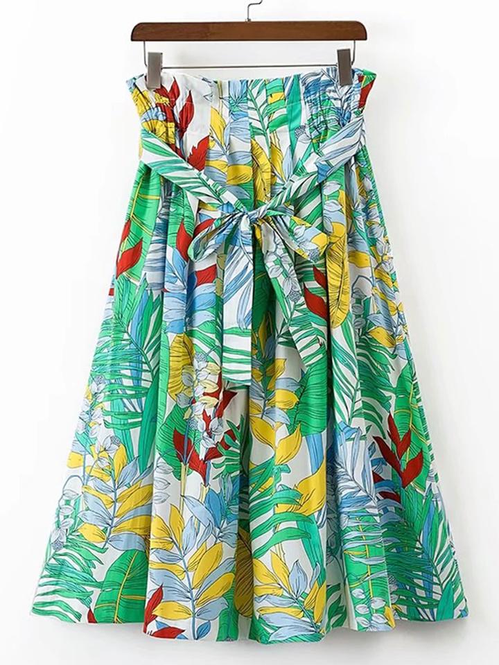 Romwe Tie Waist Tropical Print A Line Skirt