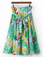 Romwe Tie Waist Tropical Print A Line Skirt