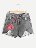 Romwe Distressed Raw Hem Flower Embroidered Shorts