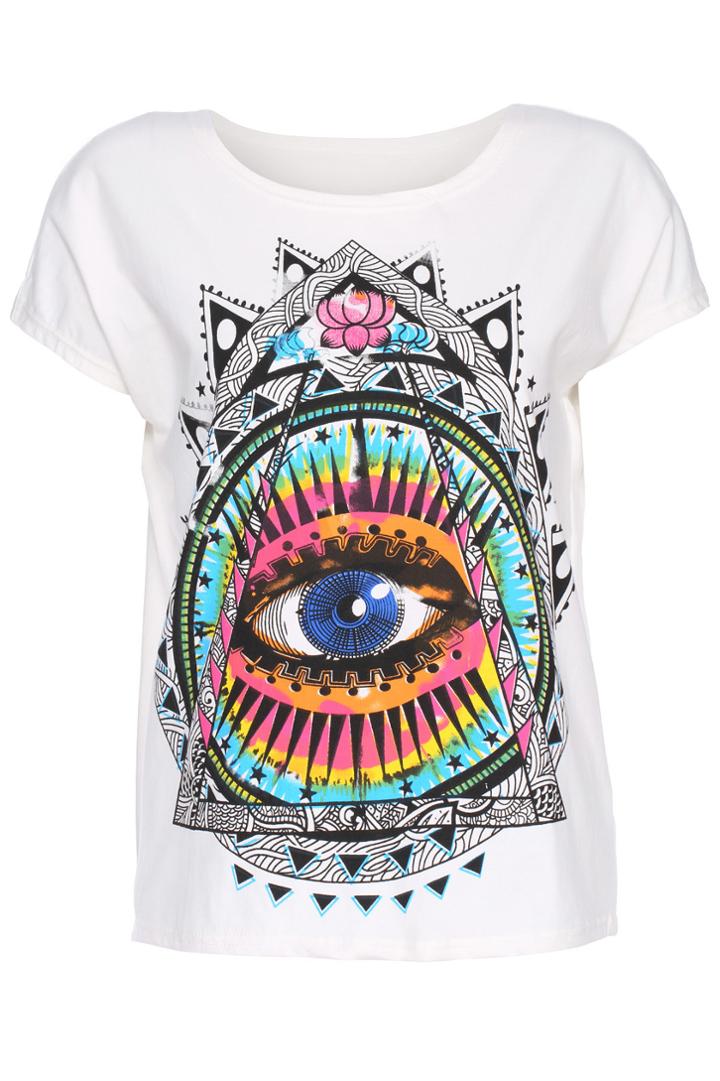 Romwe Romwe Retro Eye Print Loose White T-shirt