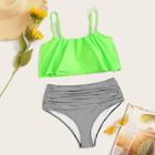 Romwe Neon Green Flounce Top With Striped Ruched Bikini