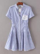 Romwe Blue Striped Short Sleeve Buttons Front Dress