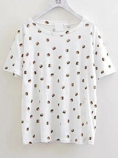 Romwe White Hamburgers Print T-shirt