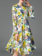 Romwe Yellow Bell Sleeve Floral A-line Dress