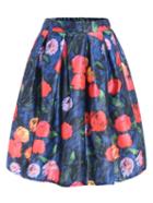 Romwe With Zipper Florals Flare Skirt