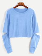 Romwe Blue Cut Out Sleeve Crop Sweatshirt