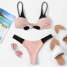 Romwe Two Tone Top With Cheeky Bikini Set