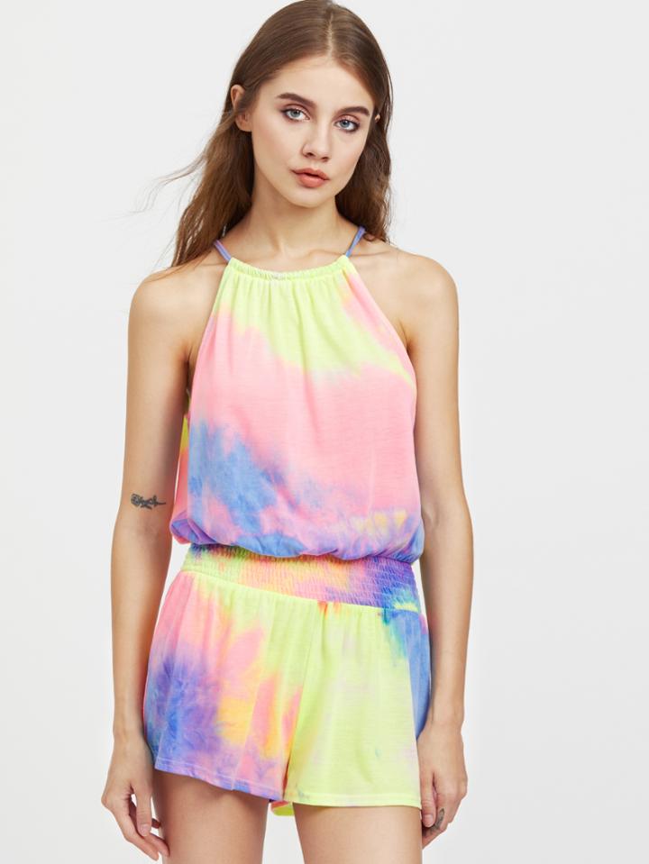 Romwe Drawstring Halter Smocked Drop Waist Pastel Tie Dye Romper
