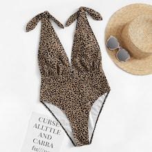Romwe Plunging Neck Leopard One Piece Swimsuit