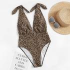 Romwe Plunging Neck Leopard One Piece Swimsuit