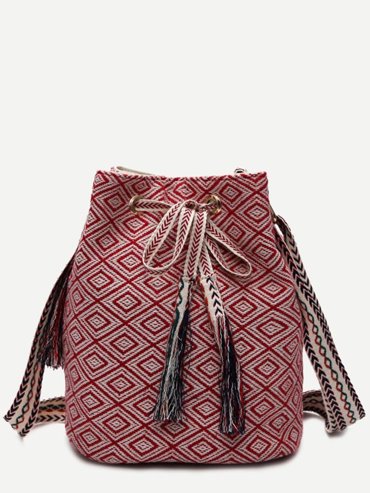 Romwe Red Meande Pattern Canvas Bucket Bag