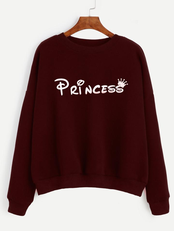 Romwe Burgundy Letter Print Drop Shoulder Seam Sweatshirt