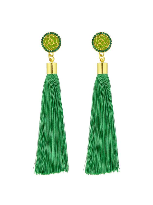 Romwe Green Ethnic Jewelry Flower Decoration Long Tassel Drop Earrings